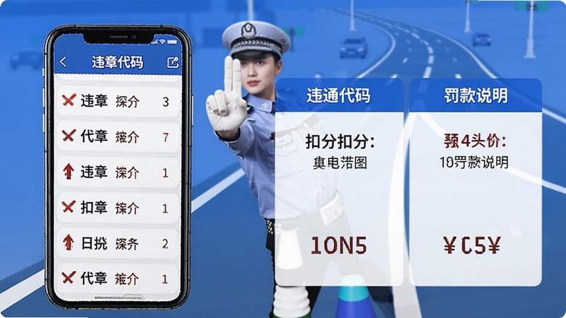 交通违规代码快查功能展示图,画面左侧为手机显示违章代码列表,右侧为对应的扣分与罚款说明,背景有交警手势与道路标线,整体色调为蓝白相间,适配Boogu模型生成