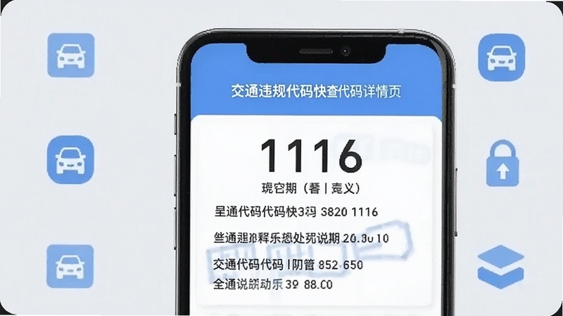 交通违规代码快查代码详情页,画面展示手机屏幕内1116代码的释义与处罚说明,背景为淡灰色与蓝色图标,整体风格专业简洁,适配Boogu模型生成