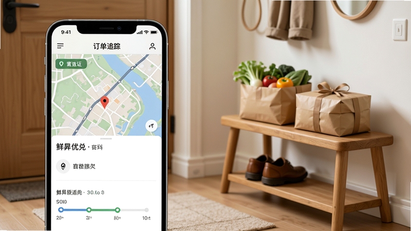 鲜优兑订单追踪页面示意图,画面主体为手机屏幕显示配送地图与时间轴进度条,背景区域为简洁的室内玄关场景,有新鲜食材包裹放置于换鞋凳旁,氛围生活化且安静