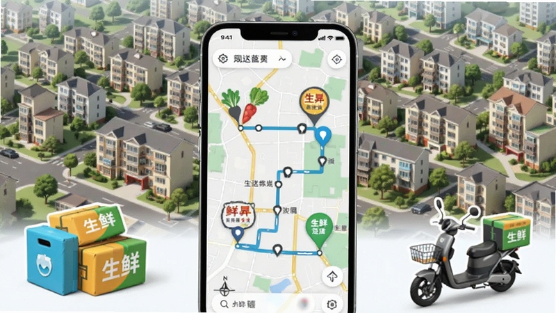鲜优兑配送范围示意图,画面主体为手机地图界面标注多个配送站点与路线,背景区域为城市社区俯瞰视角,有生鲜配送箱与电动车元素点缀,风格简洁明快