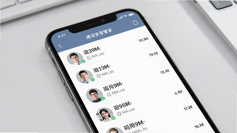 通话录音管家文件管理界面,手机屏幕显示整齐的录音文件列表,带有联系人头像、时间标签和时长标识,背景为浅灰色办公桌面,风格干净利落