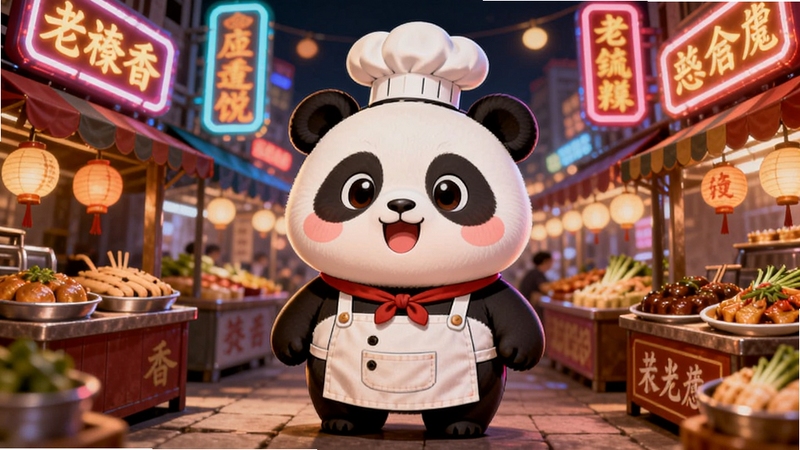 一只圆润可爱的卡通熊猫站在热闹的美食街中央,身穿厨师围裙头戴厨师帽,周围环绕着各式各样的中华美食摊位和闪烁的霓虹灯招牌,背景是温馨的夜市街道,整体画面色彩鲜艳明快,Q版卡通渲染风格,适合手机游戏宣传图