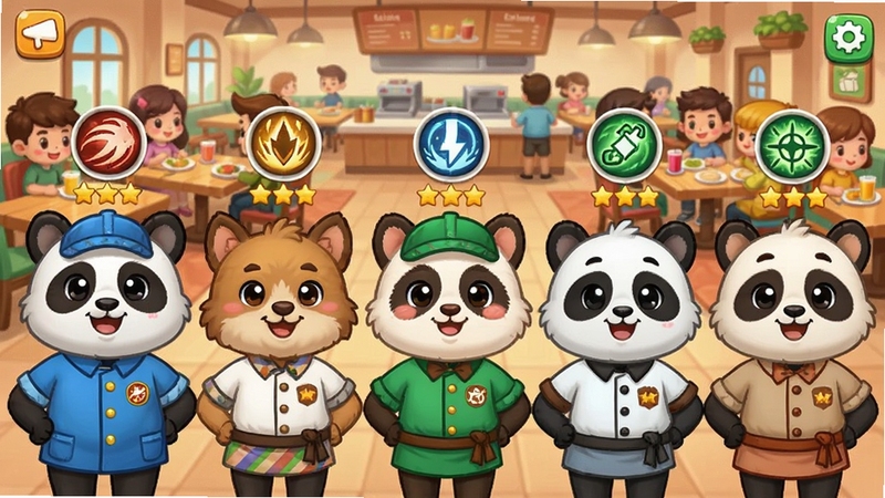熊猫美食大亨游戏内员工管理界面风格,展示多位穿着不同制服的卡通动物员工站成一排,每位员工头顶显示技能图标和星级,背景是餐厅大堂,有顾客在用餐,整体风格活泼可爱,适合游戏攻略配图