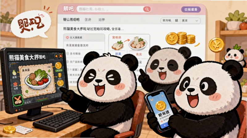 熊猫美食大亨贴吧社区讨论风格插画,展示多位卡通熊猫坐在电脑前和手机前热烈讨论游戏攻略,屏幕上有菜谱图表和金币图标,背景是温馨的贴吧界面风格,整体氛围轻松友好,适合作为社区互动配图