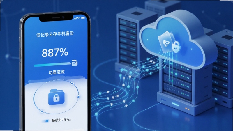 微记录云存手机备份一键备份功能界面,手机屏幕显示备份进度百分比与文件传输动画,背景为云端服务器与手机之间的数据连线,画面色调以蓝色和白色为主,体现科技感与安全感