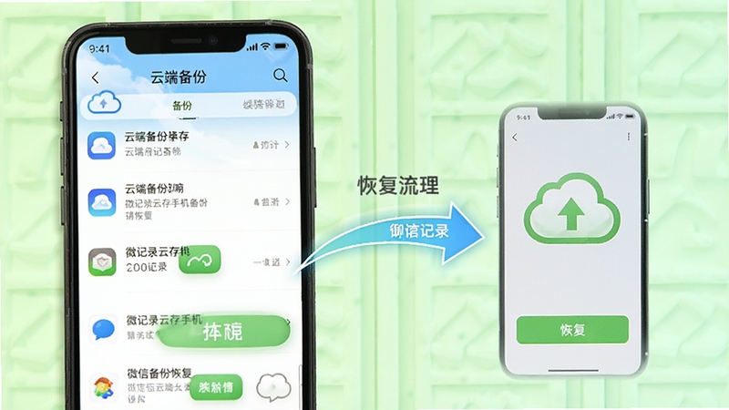微记录云存手机备份恢复微信聊天记录操作界面,手机屏幕显示云端备份列表与恢复按钮,背景为浅绿色清新风格,画面中有箭头指示从云端到手机的传输方向,突出恢复流程的便捷性