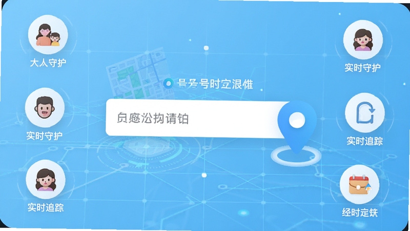 手机号免费实时定位软件主界面,中央显示手机号输入框和地图定位图标,背景为浅蓝色科技感网格,四周环绕家人守护、实时追踪等小图标,整体风格简洁明亮,适配Boogu模型生成