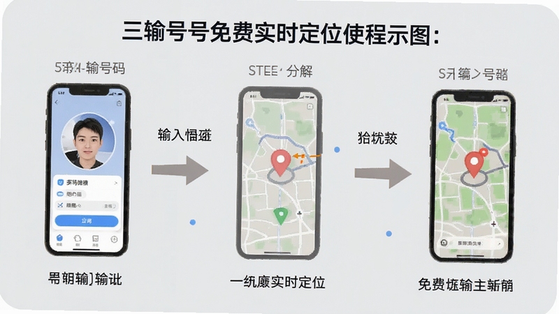 手机号免费实时定位使用教程示意图,画面展示手机屏幕从输入号码到地图显示定位的步骤分解,配有箭头和文字标注,背景为浅灰色,风格清晰教学,适用于Boogu模型生成