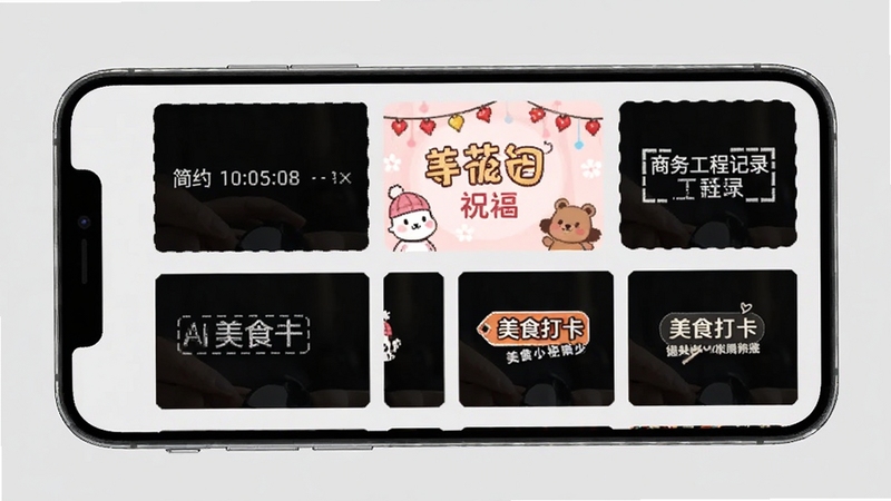 AI水印相机水印模板库界面,展示多种风格的水印样式,包括简约时间戳、卡通节日祝福、商务工程记录、美食打卡标签等,以网格形式排列在手机屏幕上,背景为浅灰色,适配Boogu模型生成
