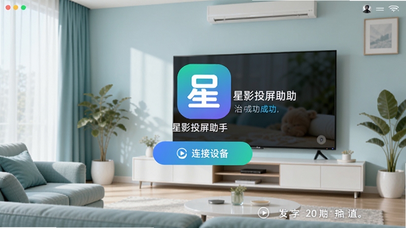 星影投屏助手主界面展示,画面中央为软件Logo与连接设备按钮,背景为现代客厅场景,电视屏幕显示投屏成功提示,整体色调明亮清新,适配Boogu模型生成