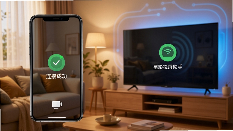星影投屏助手一键镜像功能界面,手机屏幕画面实时同步到智能电视上,画面中带有连接成功标识与设备名称,背景为温馨家居环境,科技感与生活感结合