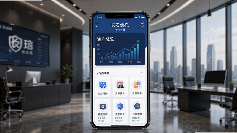 长安信托app官方下载安装界面展示,画面中央为手机屏幕显示长安信托应用首页,包含资产总览与产品推荐模块,背景为现代商务风格的金融办公场景,色调沉稳大气,突出安全可靠的品牌形象