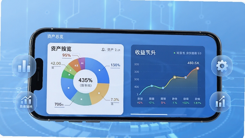 长安信托app资产总览页面展示,手机屏幕中呈现清晰的资产饼图与收益曲线,周围环绕金融数据图标,背景为淡蓝色科技感渐变,突出数字化财富管理主题