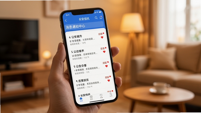 长安信托app消息通知中心界面,手机屏幕展示公告列表与提醒红点,背景为柔和暖色调的室内环境,突出信息及时触达的便捷性