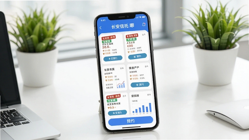 长安信托app产品列表与预约界面,手机屏幕显示多款信托产品卡片,包含收益率标签和预约按钮,背景为简洁的白色办公桌面,点缀绿色植物,营造轻松理财氛围
