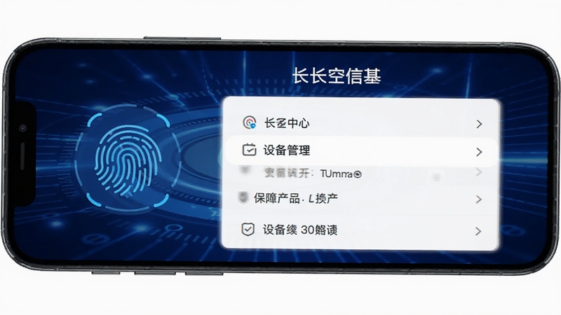 长安信托app安全中心页面,手机屏幕显示指纹识别图标与设备管理列表,背景为深蓝色科技光效,强调安全防护与隐私保障