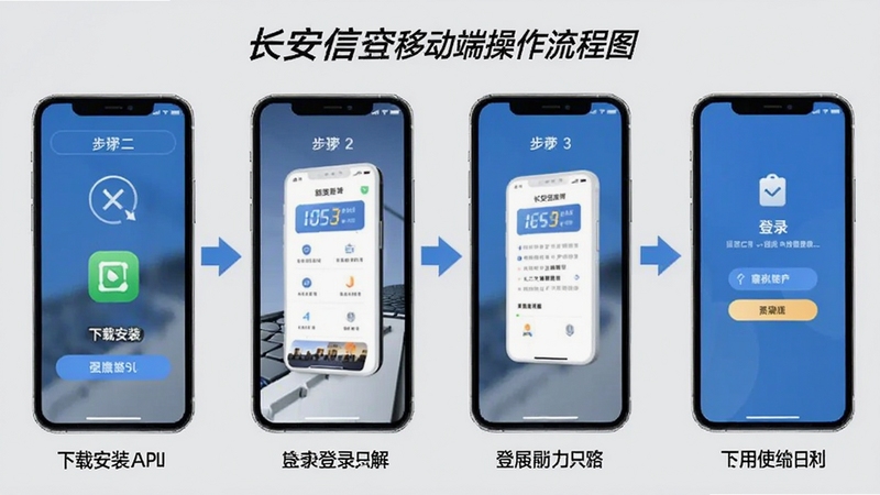长安信托app移动端操作流程图解,画面展示手机屏幕从下载安装到登录使用的分步示意,背景为浅灰色极简风格,配以箭头引导,直观易懂