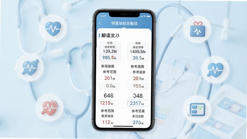 明体检报告解读软件界面展示,手机屏幕中显示血常规指标解读页面,数值与参考范围清晰标注,背景为温馨的浅蓝色医疗风格,画面中央为软件主界面,四周环绕健康图标元素,整体风格简洁专业