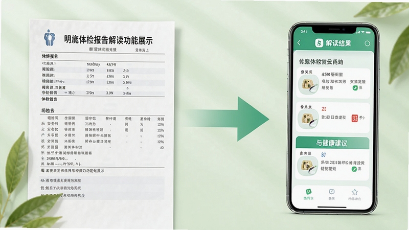 明体检报告解读功能展示图,画面左侧为体检报告单,右侧为手机屏幕显示解读结果与健康建议,中间用箭头连接表示解读过程,背景为柔和的浅绿色,整体风格清新自然