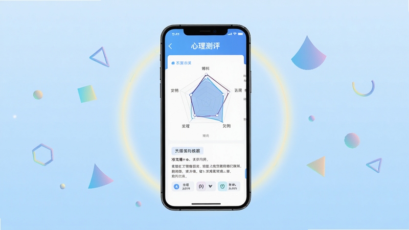 一心理 心理测评功能界面,画面主体是一张手机屏幕截图,显示着测评结果页面,包含雷达图和文字解读,屏幕周围环绕着柔和的光晕,背景是浅蓝色的渐变,点缀着一些几何图形,整体风格清新专业,突出数据可视化效果