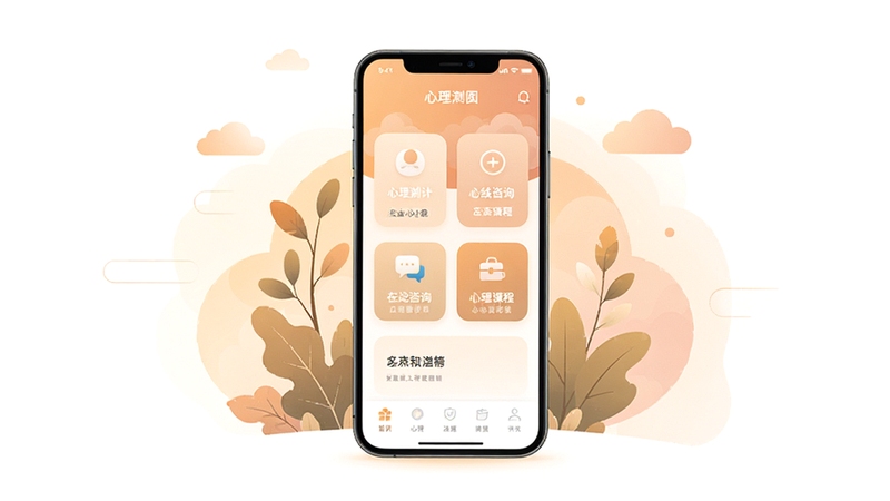 一心理 应用界面全景展示,画面中央是一部智能手机,屏幕上显示着一心理APP的首页,包含心理测评、在线咨询、心理课程等功能入口,背景是柔和的暖色调渐变,点缀着抽象的云朵和树叶元素,整体氛围宁静治愈,画面主体居中,背景区域留白适中,适合作为软件宣传主图,风格简洁现代,扁平化设计