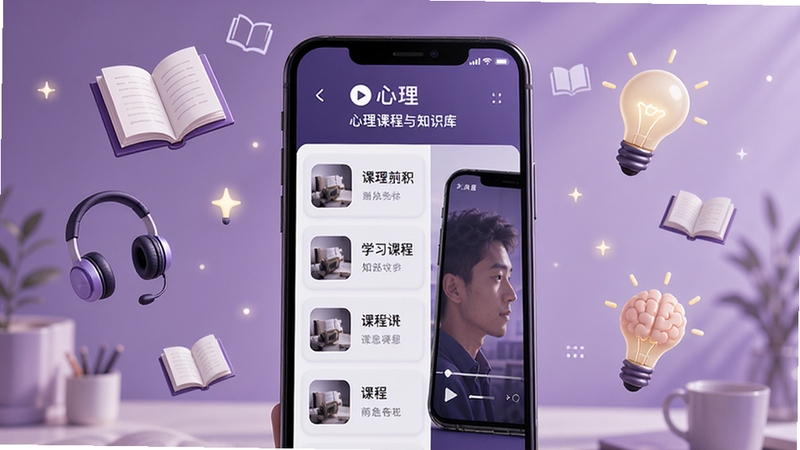一心理 心理课程与知识库界面,手机屏幕显示着课程列表和播放界面,周围漂浮着书本、耳机、灯泡等象征知识和灵感的图标,背景是柔和的紫色调,整体风格知性优雅,突出学习与成长的氛围
