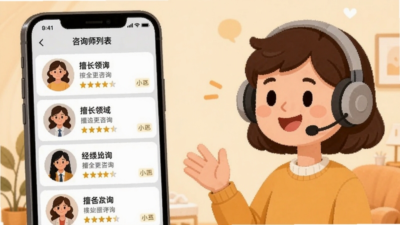 一心理 在线咨询功能展示,画面中一部手机正在显示咨询师列表页面,每位咨询师都有头像、擅长领域和评分,手机旁边有一位卡通形象的用户正戴着耳机微笑,背景是温暖的米黄色,营造出安全、放松的咨询氛围,画面构图平衡,细节丰富