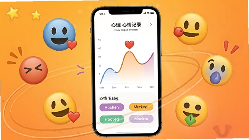 一心理 心情记录功能界面,画面中心是一部手机,屏幕上展示着情绪曲线图和心情标签,手机周围环绕着代表不同情绪的表情符号,背景是温暖的橙色渐变,整体氛围轻松活泼,鼓励用户积极记录和表达