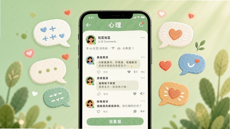 一心理 社区互动界面展示,手机屏幕上显示着用户发帖和评论的页面,周围环绕着对话气泡和爱心图标,背景是柔和的绿色调,象征生机与希望,整体风格亲切友好,突出社区互助的温暖氛围