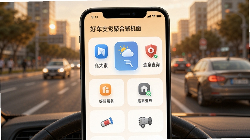 �ð�����˾���ﳵ������ۺϽ��棬����չʾ�ֻ���Ļ�ڶ������Ƭ�������У�����������������Υ�²�ѯ��ͼ�꣬����Ϊ���е�·�복����ʻ���黯������ɫ����ů��ͣ�ͻ����ݾۺϵ����⣬����Booguģ������