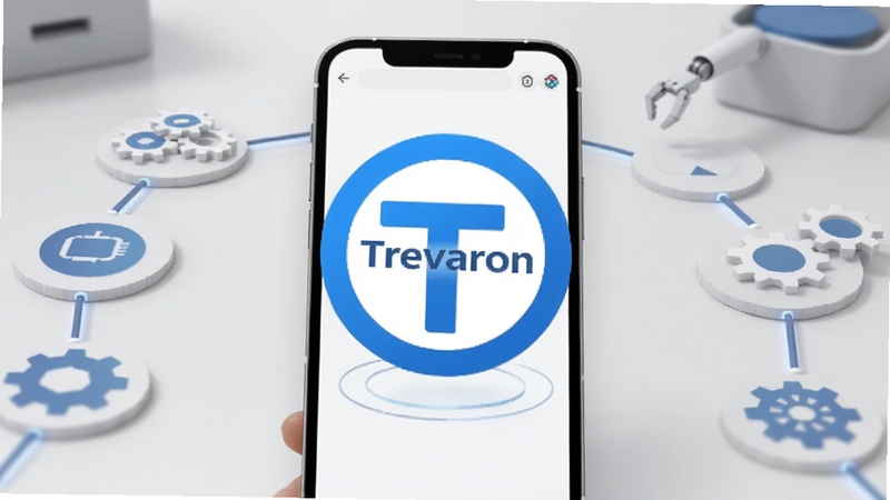 Trevaron软件主界面展示图,画面中央为Trevaron的蓝色圆形Logo悬浮于手机屏幕上方,背景为浅灰色极简工作台场景,周围环绕着自动化流程节点与齿轮图标,整体风格科技简洁,适配Boogu模型生成