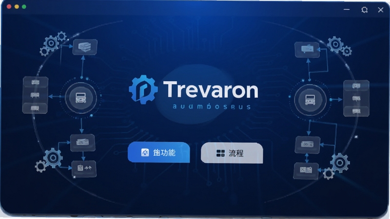 Trevaron软件主界面展示,居中位置为软件Logo与核心功能入口按钮,背景采用深蓝渐变科技风格,四周环绕半透明的自动化流程图节点与齿轮图标,整体画面简洁大气,突出移动端效率工具定位