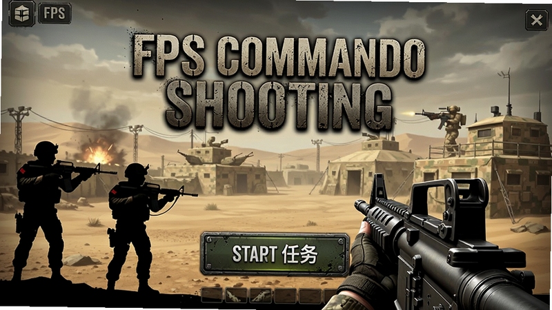 第一人称射击游戏主界面,画面中央显示Fps Commando Shooting游戏标题和开始任务按钮,背景是沙漠军事基地和持枪士兵剪影,UI风格硬朗写实