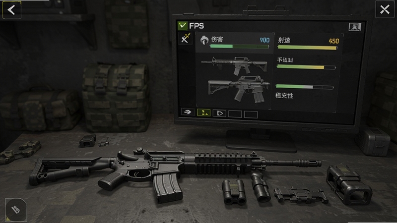 Fps Commando Shooting游戏内武器改装界面,桌面摆放着突击步枪和配件,屏幕显示伤害、射速、稳定性数值条,风格为暗色战术UI