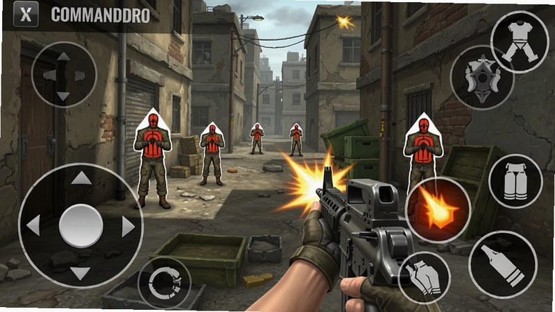 Fps Commando Shooting移动端操作界面截图,展示虚拟摇杆、开火按钮、换弹图标,背景为城市巷战场景,有敌人靶标