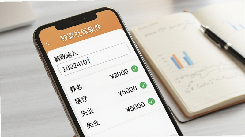 秒算社保软件中社保缴费快速测算功能的界面截图风格图片,画面展示一部手机屏幕特写,屏幕上显示缴费基数输入框已填入数字,下方自动生成养老、医疗、失业三项保险的缴费金额列表,每条数据旁配有对勾图标,背景为淡灰色办公桌面,桌面上放着一本打开的笔记本和一支笔,整体色调温暖明亮,突出计算结果的清晰呈现