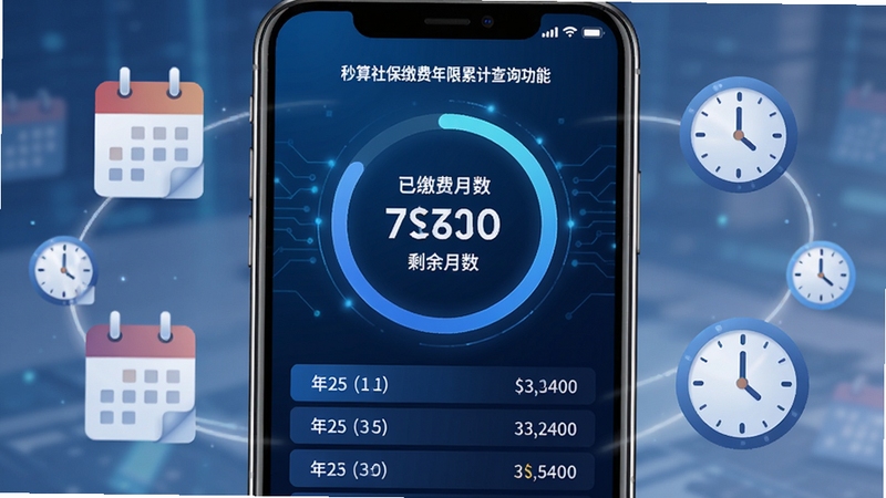 秒算社保缴费年限累计查询功能展示图,画面为一部手机屏幕,界面中央是一个圆环进度条,圆环内显示已缴费月数和剩余月数,圆环下方列出各年度的缴费记录条目,背景为深蓝色科技感渐变,手机周围环绕着日历图标和时钟图标,象征时间累计,整体视觉风格沉稳专业