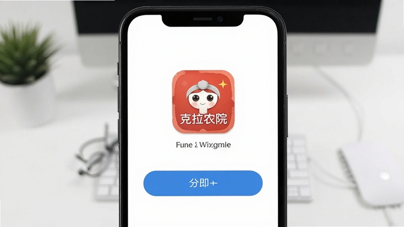 克拉农院 手机安装完成界面图,画面展示一部智能手机屏幕显示克拉农院图标与打开按钮,背景为简洁桌面,风格现代清爽