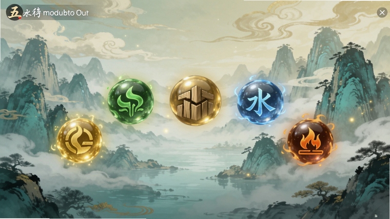 五行游游戏主界面全景展示,画面中央悬浮金木水火土五枚元素灵珠,背景为水墨风格的山川云海,色调以青绿与暖金为主,整体氛围宁静神秘,适配Boogu模型生成