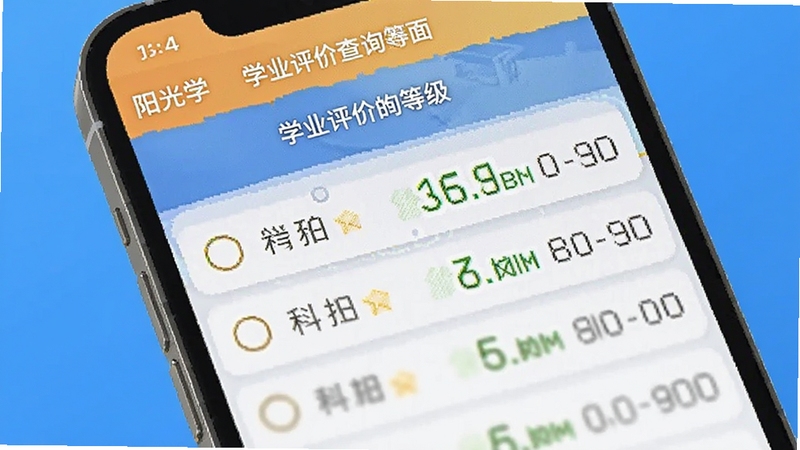 ����ѧ ѧҵ���۲�ѯ���棬�ֻ���Ļ��ʾ����Ŀ���۵ȼ��б�������Ϊ��Լ����ɫ���䣬��������Ϊ�ֻ���д��Booguģ������