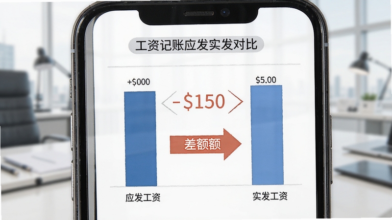 工资记账应发实发对比界面,画面展示手机屏幕内两条数据柱状图,一条代表应发工资,一条代表实发工资,中间以箭头标注差额,背景为简洁的商务风格,突出工资记账财务对比功能
