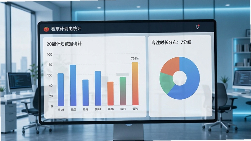 番茄计划 数据统计面板 柱状图与饼图 展示专注时长分布 背景为现代简约办公环境 冷色调 科技感