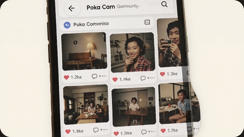 �ֻ���Ļ��ʾPoka Cam����ҳ�棬�ٲ�������չʾ���Ÿ��ŷ����Ƭ��ÿ����Ƭ�·��е��޺�����ͼ�꣬����Ϊ��͵��װ�ɫ�������Χ�����Ѻã�����Booguģ������
