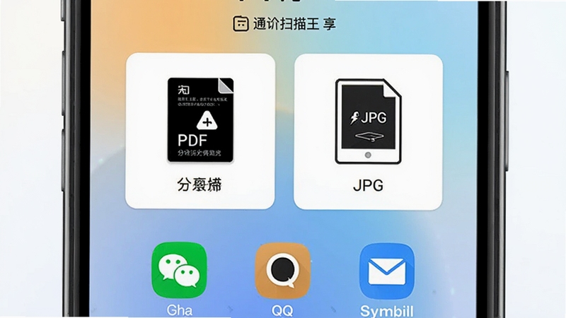 通扫描王导出分享界面,手机屏幕显示PDF和JPG格式选项,下方有微信、QQ、邮件等分享图标,界面采用卡片式设计,背景为柔和渐变,突出分享的便捷性