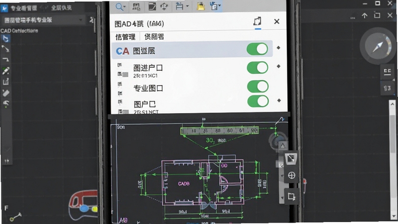 CAD看图手机专业版 图层管理与测量功能展示,手机屏幕上半部分显示图层列表开关面板,下半部分显示CAD图纸测量标注线,背景为深灰色工作区,画面层次分明,突出专业工具属性