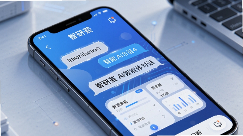 智研荟 AI智能体对话界面 手机屏幕展示问答气泡与数据卡片 科技蓝渐变背景 简洁UI设计 细节清晰
