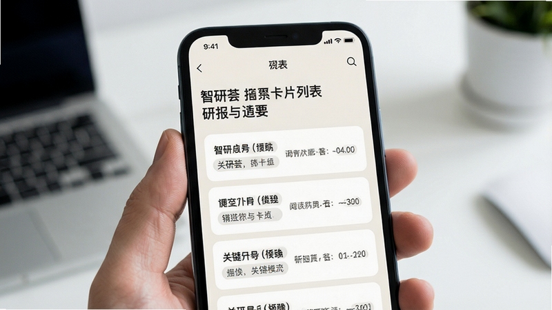 智研荟 研报摘要卡片列表 手机屏幕展示标题与关键结论 浅色阅读模式 干净排版 高清晰度