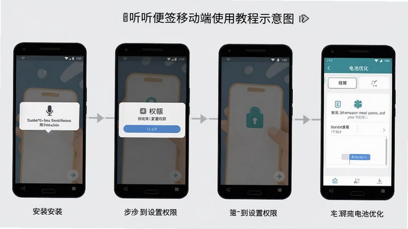 听听便签移动端使用教程示意图,画面展示手机屏幕从安装到设置权限的步骤分解,包含麦克风权限弹窗和电池优化界面,背景为浅灰色,风格扁平化信息图