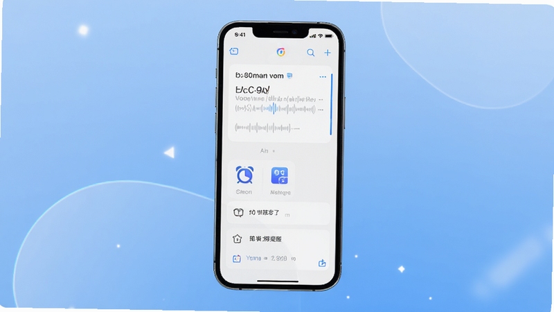 听听便签应用界面展示语音转文字结果与提醒设置面板,画面中心是手机屏幕,屏幕内显示一段语音转写完成的便签和闹钟图标,背景为柔和渐变蓝色,风格简洁科技感