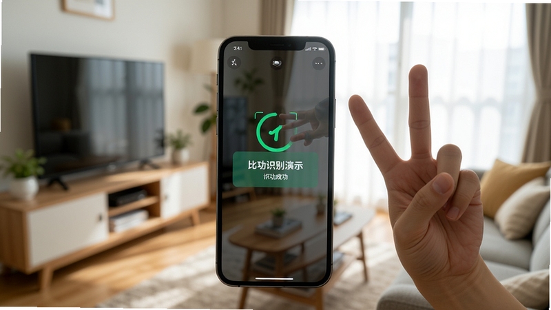 比耶 手势识别功能演示 画面中一只手比出剪刀手 手机屏幕显示识别成功提示 背景为客厅环境 光线自然 突出科技感与互动性